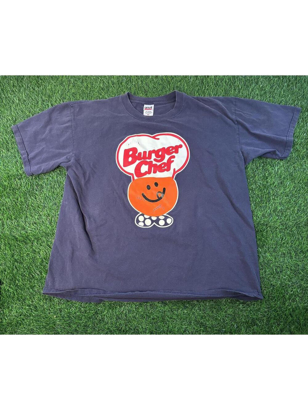 Vintage Y2K Anvil Burger Chef Graphic T-Shirt Vintage Style Navy XL